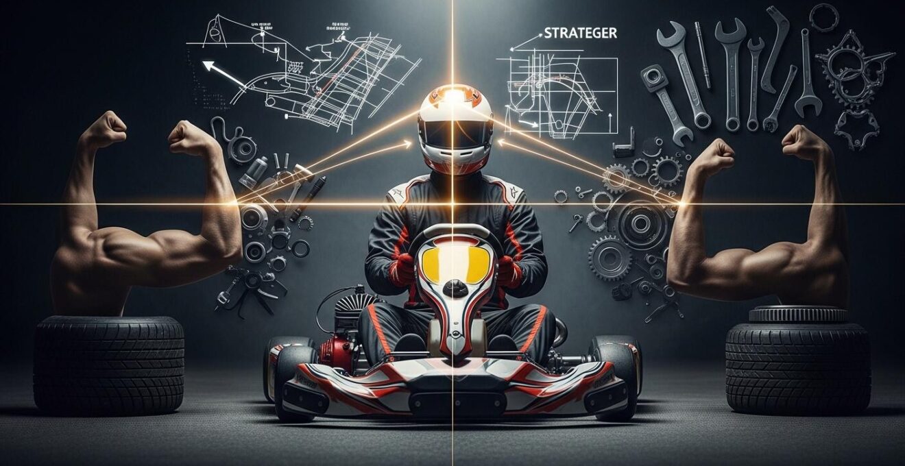 Un pilote de karting entouré d'éléments symbolisant l'athlète, le mécanicien et le stratège