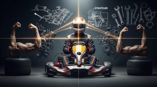 Un pilote de karting entouré d'éléments symbolisant l'athlète, le mécanicien et le stratège