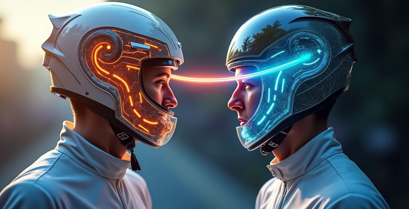 Schéma détaillé du système de ventilation d'un casque et de la combinaison de pilote de course avec explications visuelles des impacts sur fatigue et oxygénation.