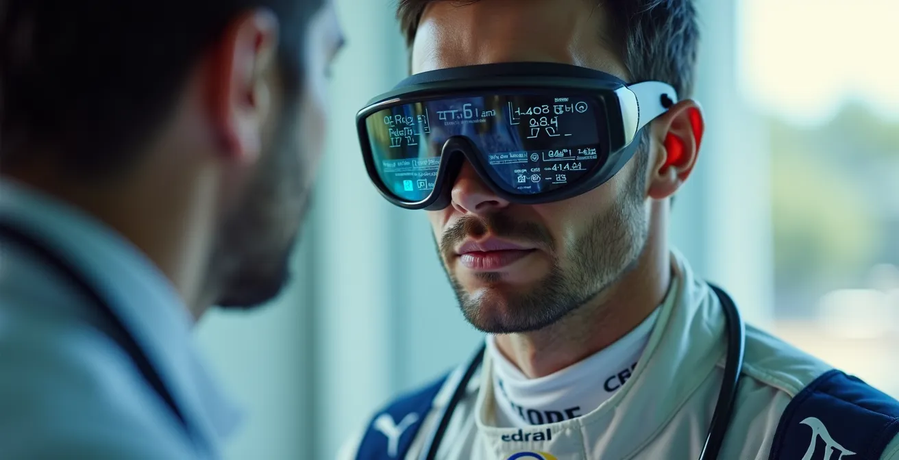 Un pilote en tenue de course reçu lors d’une visite médicale approfondie avec un médecin spécialisé en sport automobile.