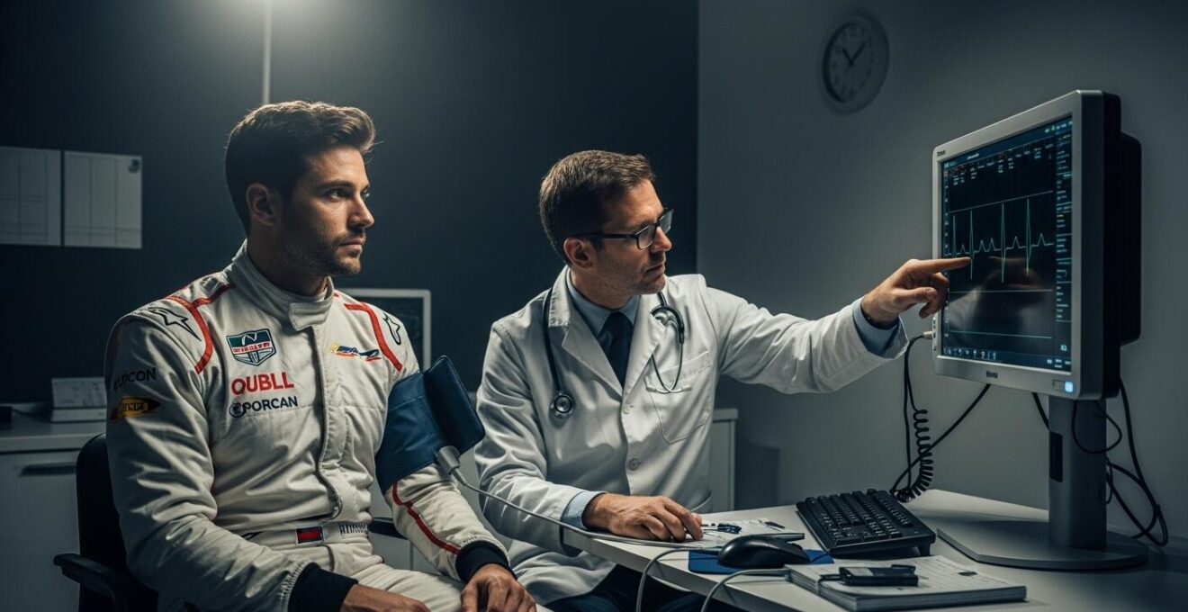Un pilote en combinaison en salle d’examen médical avec un médecin sportif analysant un électrocardiogramme