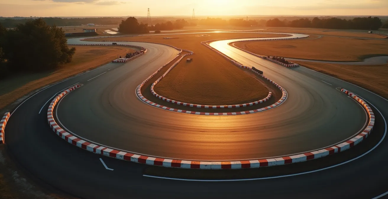 Vue aérienne minimaliste d'un circuit de karting avec virages asymétriques sous lumière dorée