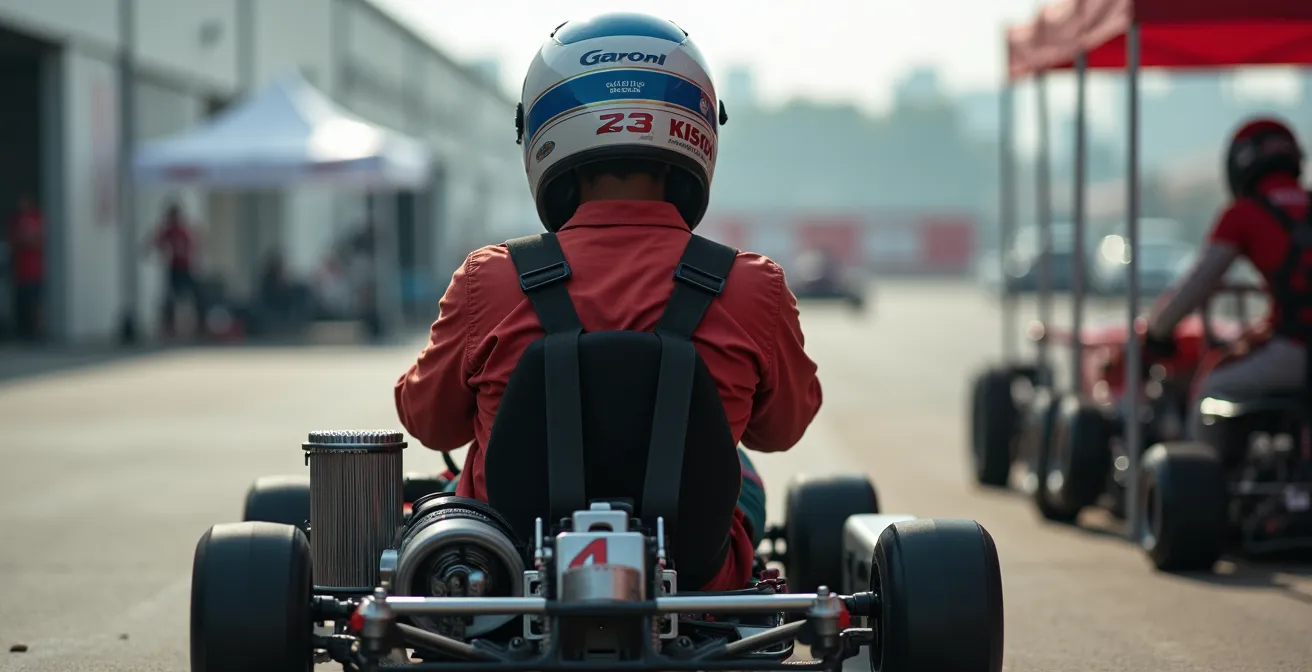 Vue arrière d'un pilote ajustant sa protection costale dans son baquet de karting