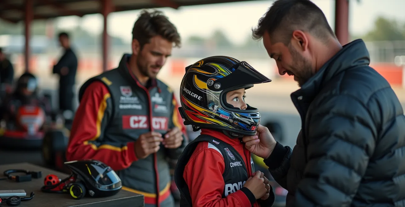 Paddock de karting convivial avec mécaniciens et pilotes échangeant des conseils