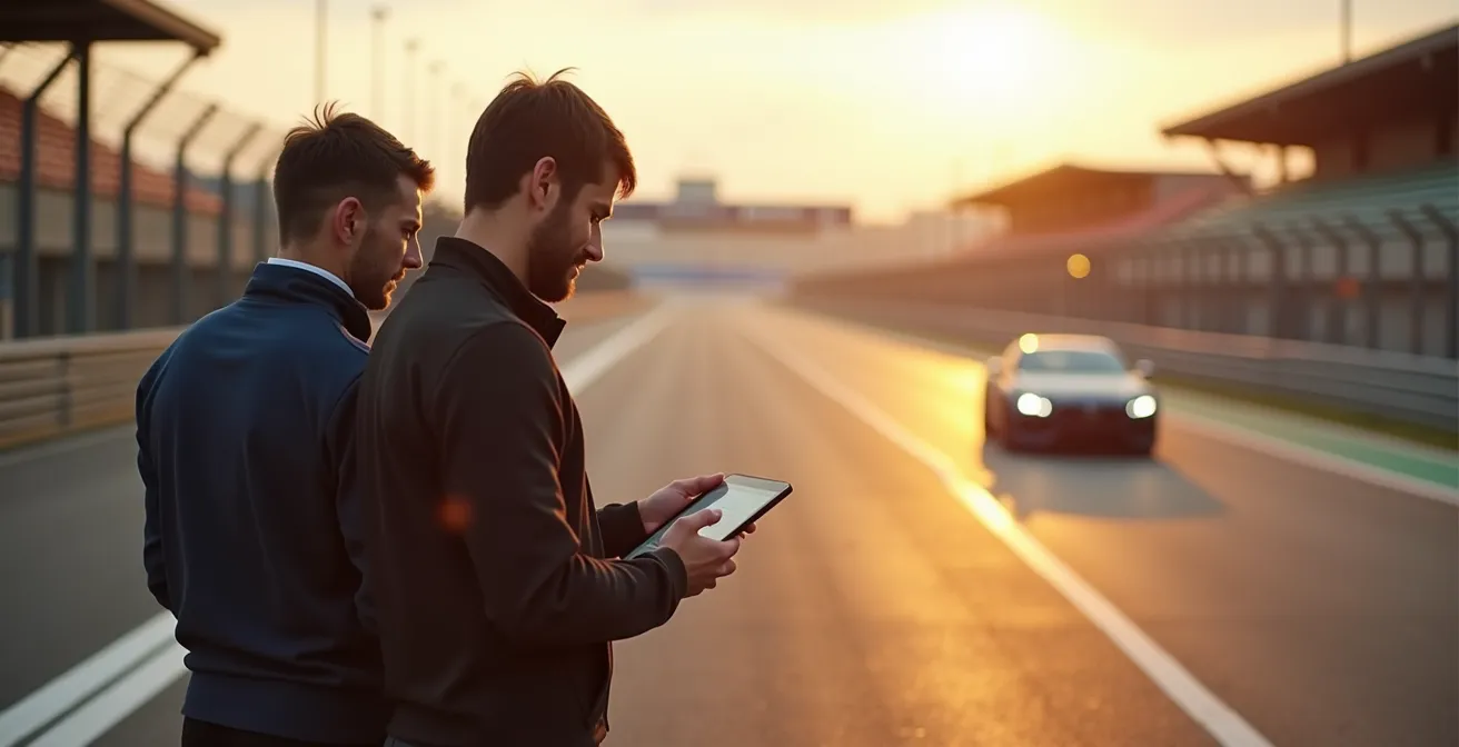 Coach analysant les données de pilotage avec un stagiaire sur le bord de piste