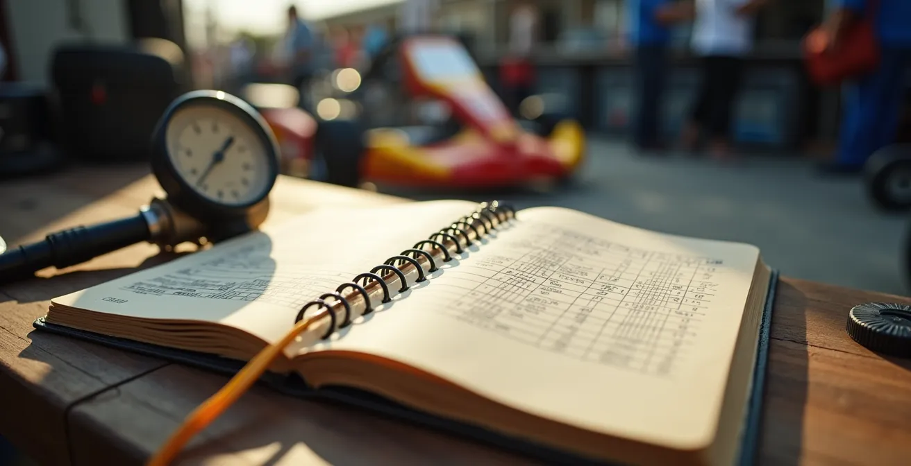 Carnet de bord ouvert sur table avec données de pression et chronos notés à la main