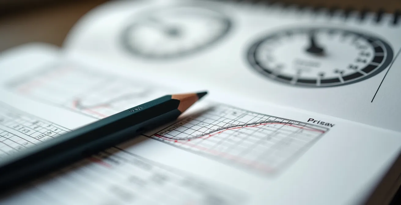 Vue macro détaillée d'un carnet de réglages karting avec notes manuscrites et graphiques de pression