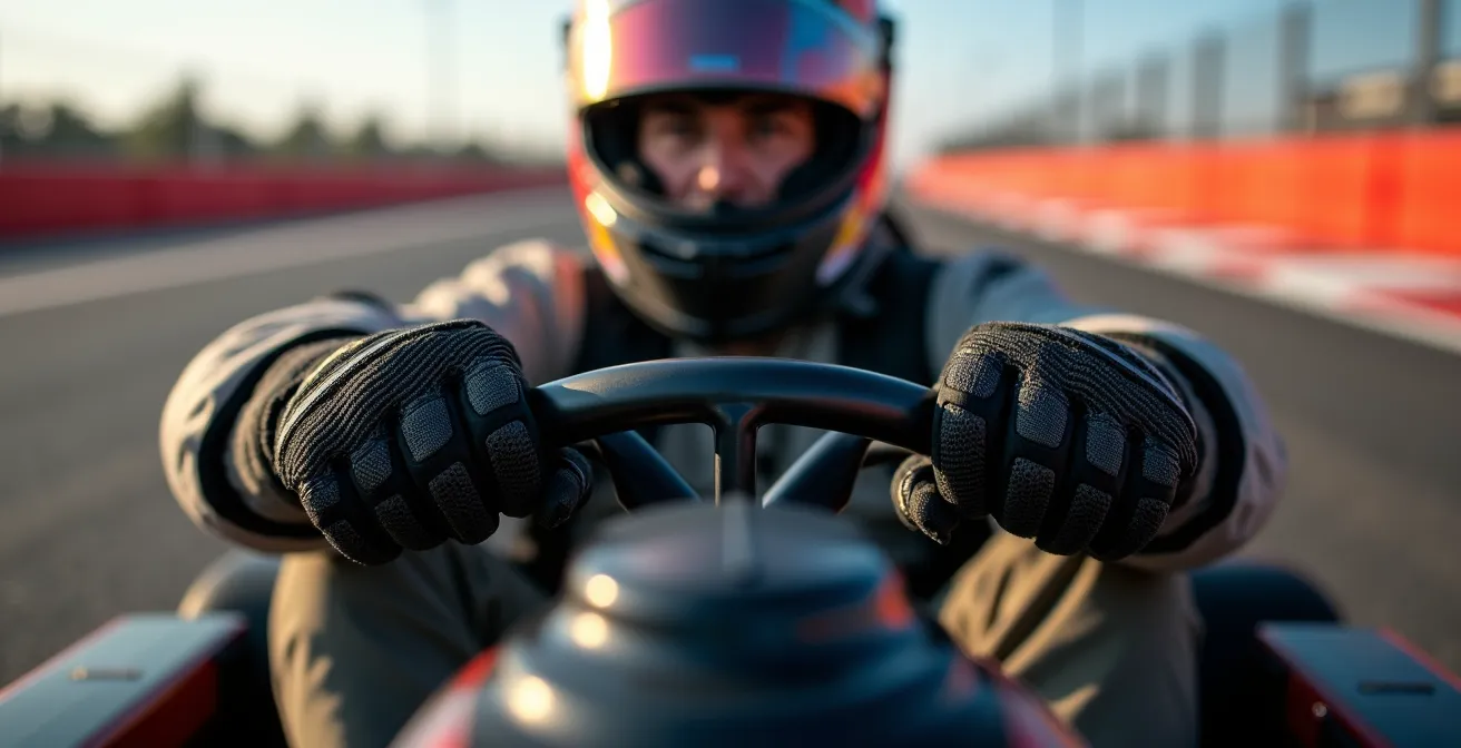 Gros plan sur les mains d'un pilote sur le volant avec flou de mouvement en arrière-plan
