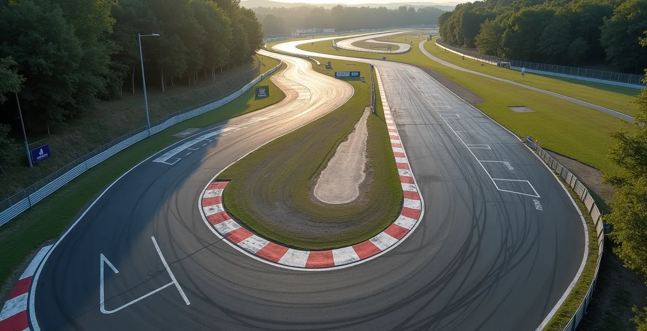 Vue aérienne d'un enchaînement de virages techniques en S sur circuit
