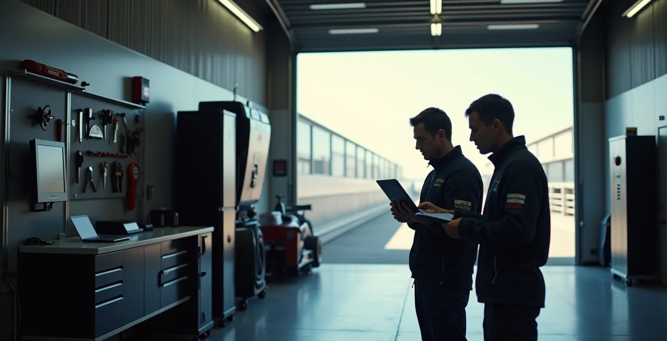 Coach analysant données télémétrie avec pilote dans paddock circuit automobile