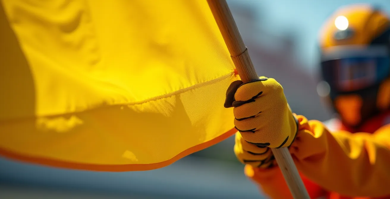 Commissaire de piste agitant énergiquement un drapeau jaune au bord d'un circuit