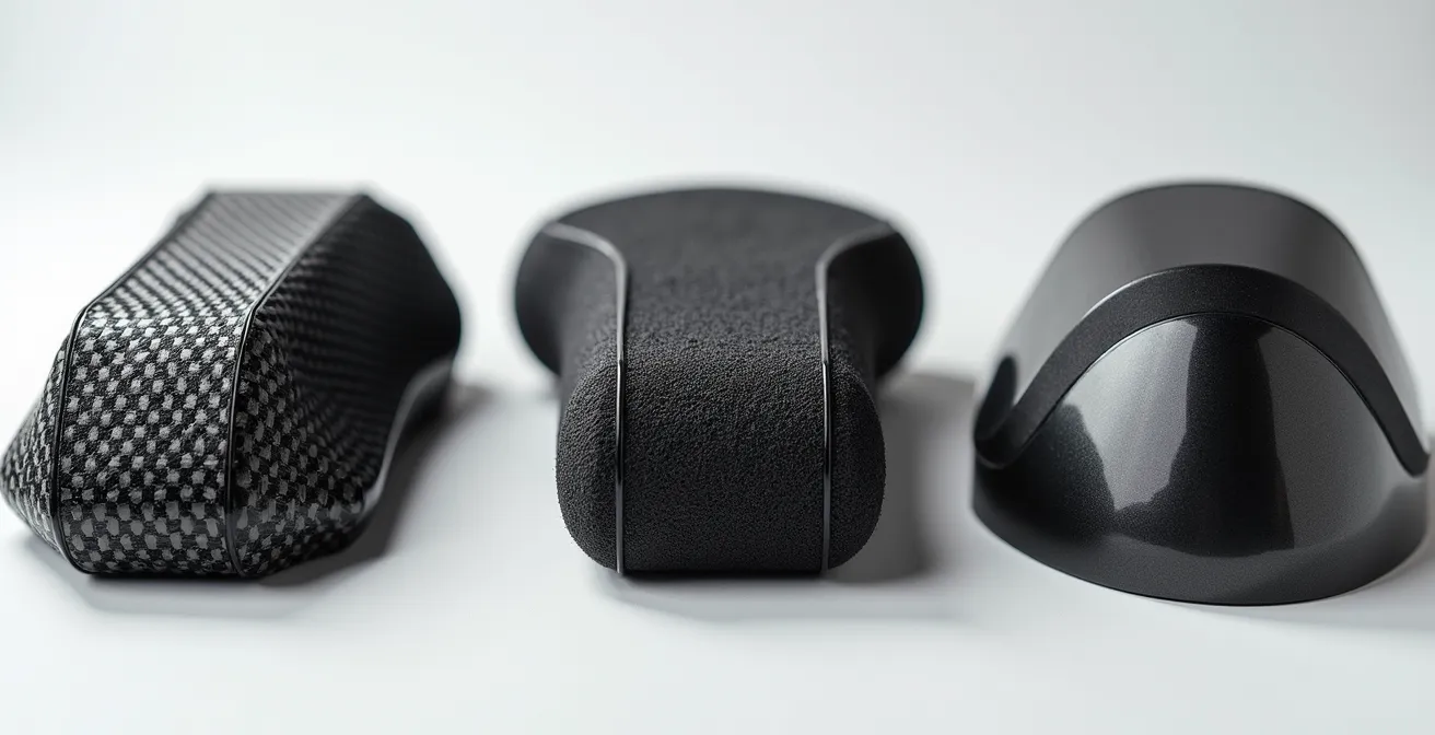 Vue macro détaillée de trois matériaux de protection : fibre de carbone, composite souple et coque rigide