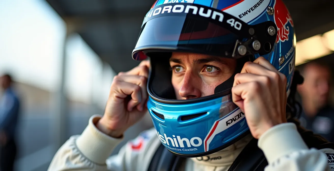 Pilote de course automobile ajustant son casque ultraléger en carbone dans les stands