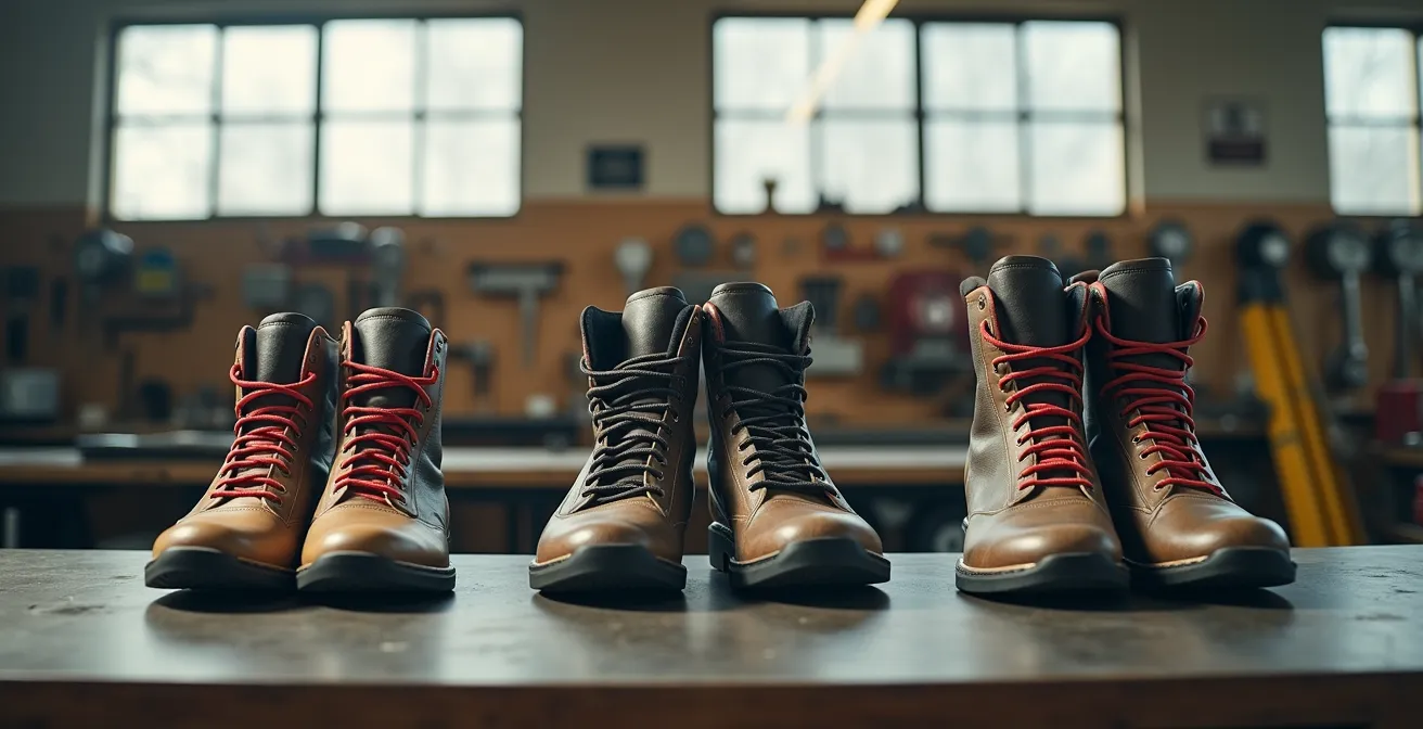 Vue large d'un atelier de karting avec des bottines alignées montrant différents stades d'usure, de la neuve à la très usée.