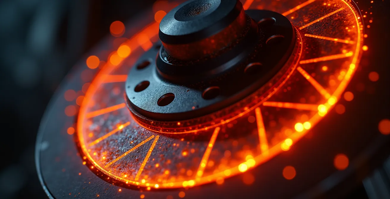 Détail macro d'un système de freinage haute performance sur voiture de course