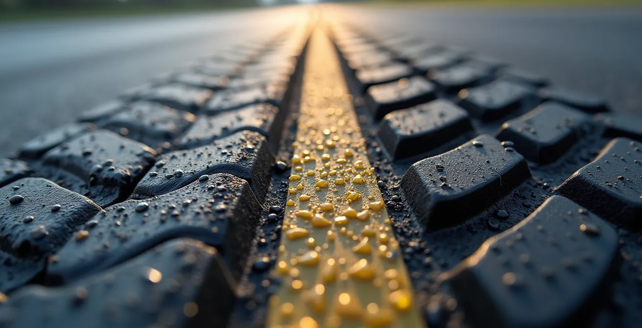 Vue macro détaillée de la surface d'un pneu de kart en contact avec l'asphalte montrant les micro-déformations de la gomme