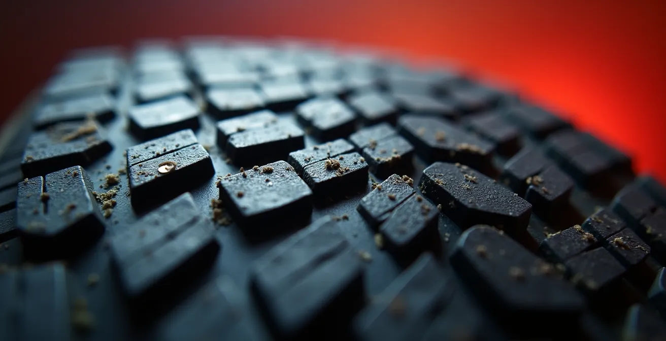 Vue macro d'un pneu de karting montrant les détails de la texture et l'usure de la gomme