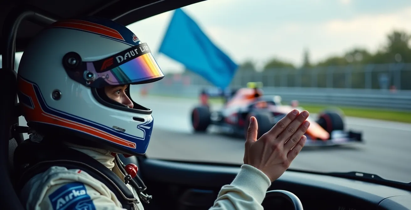 Pilote laissant passer un concurrent plus rapide sur circuit avec drapeau bleu visible