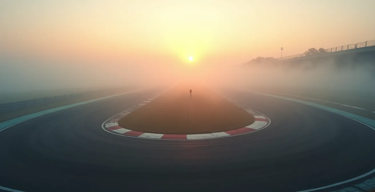 Circuit automobile désert à l'aube avec brume matinale, vue large et contemplative