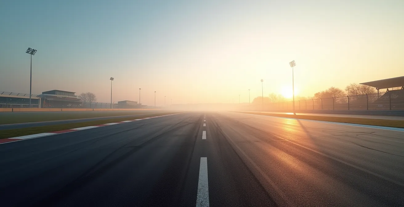 Vue large d'un circuit automobile au lever du soleil montrant l'évolution de la lumière et de la température sur l'asphalte