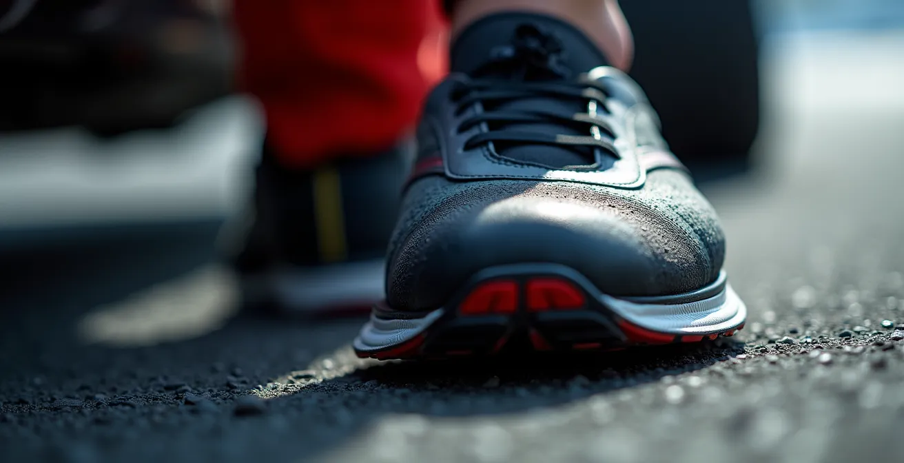 Vue macro détaillée d'un pied de pilote modulant la pression sur la pédale de frein en ligne droite