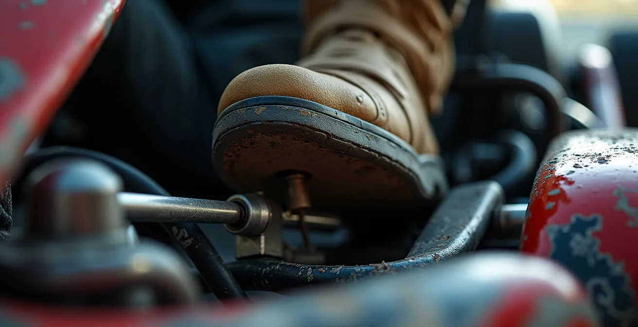 Piste d'entraînement avec trois plots colorés marquant les zones de freinage progressif pour l'exercice des 3 plots