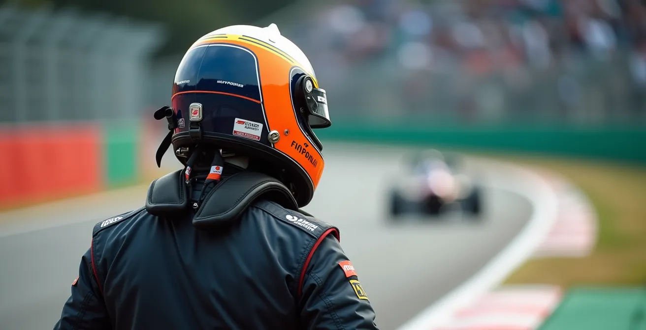 Pilote en combinaison vue de trois-quarts arrière, regard porté au loin vers la sortie d'un virage