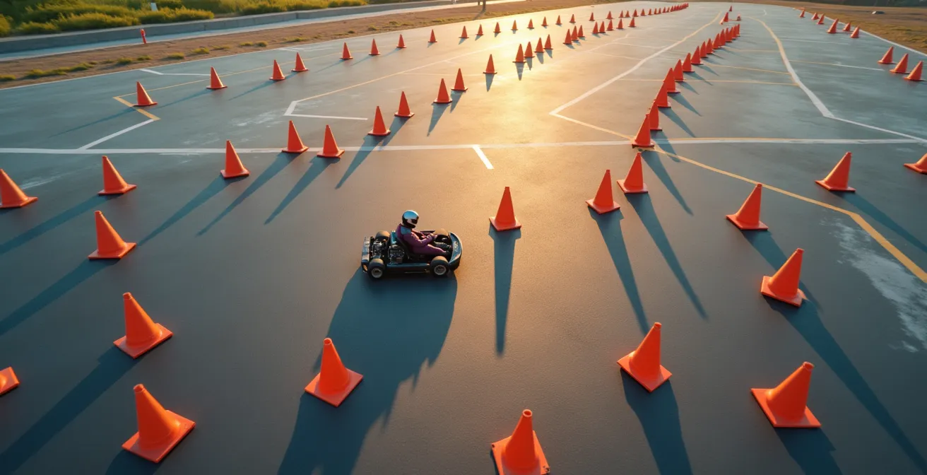 Vue aérienne d'un circuit de karting avec des cônes pour exercice de slalom à basse vitesse