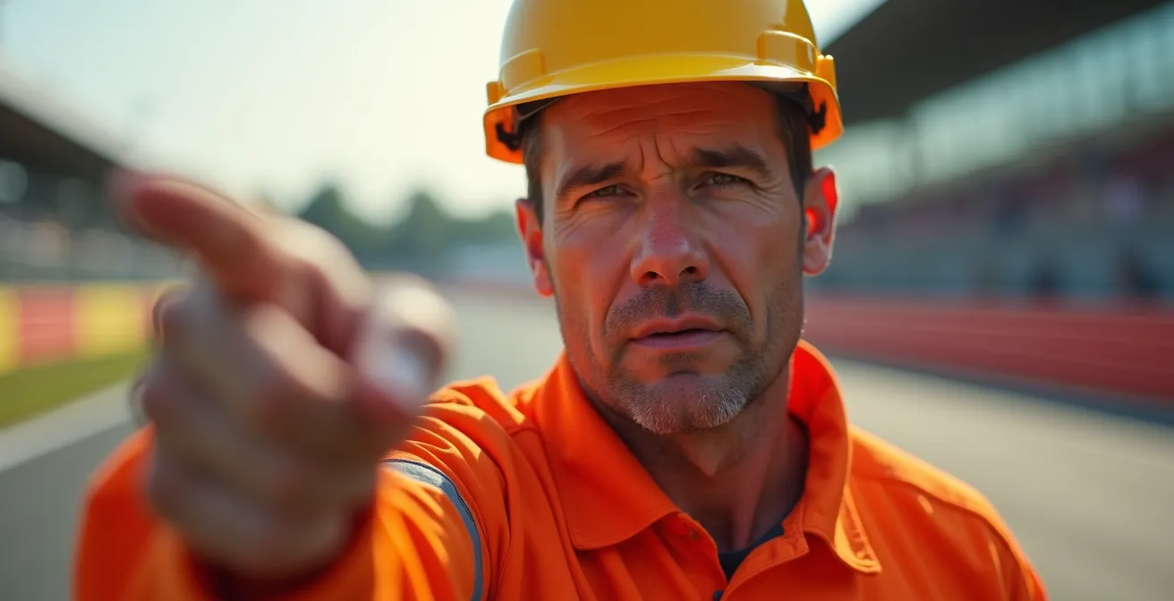 Commissaire de piste effectuant un signal manuel d'urgence sur le bord du circuit