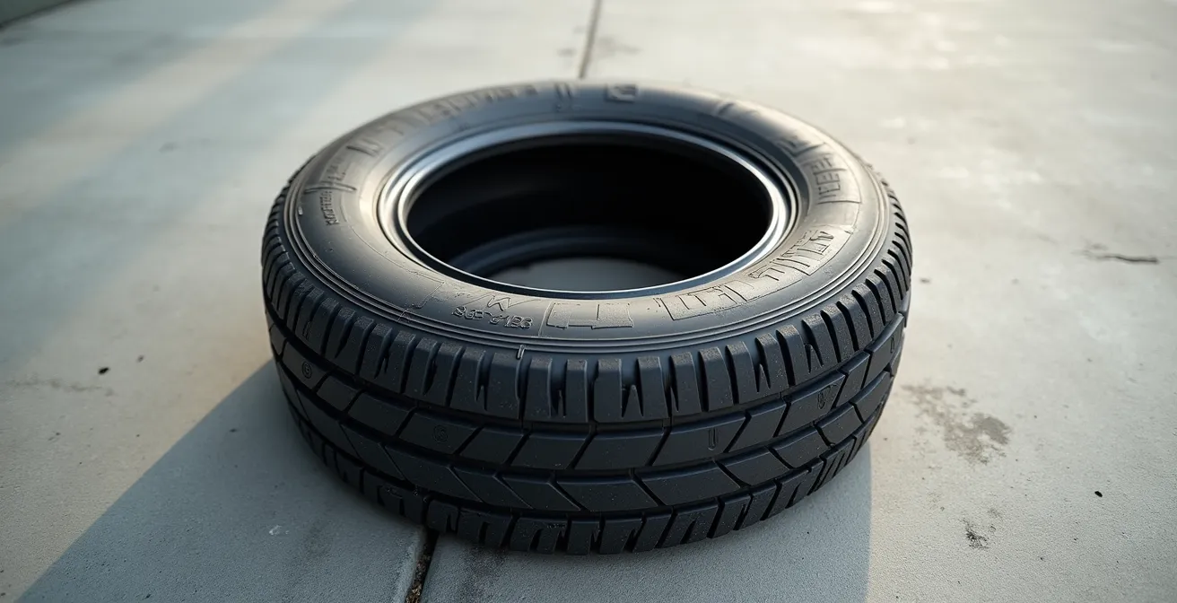 Vue macro de la surface d'un pneu montrant le phénomène de grainage avec les vermicelles de gomme