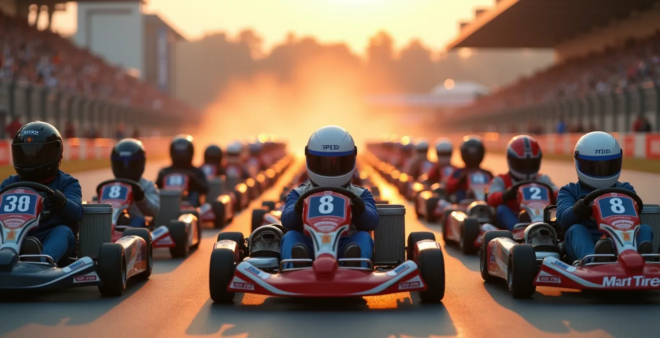 Grille de départ d'une finale mondiale de karting avec karts alignés