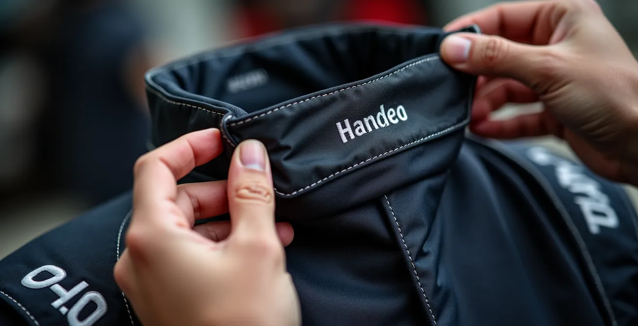 Gros plan sur l'étiquette d'homologation CIK-FIA au col d'une combinaison de karting