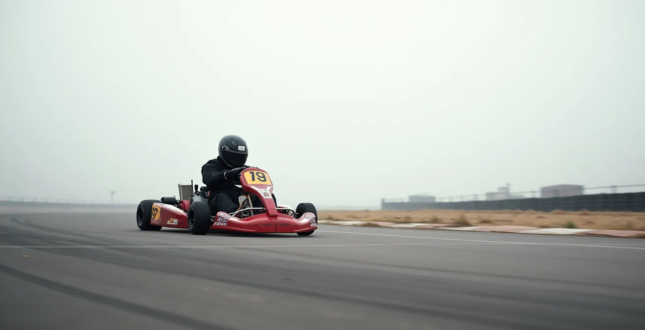 Vue latérale d'un kart soulevant sa roue arrière intérieure en virage, montrant l'effet cric du châssis