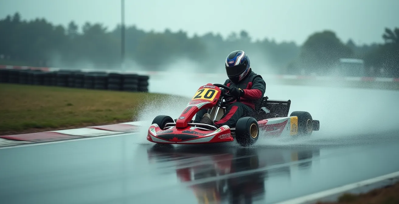 Kart sur piste mouillée empruntant une trajectoire extérieure avec projections d'eau
