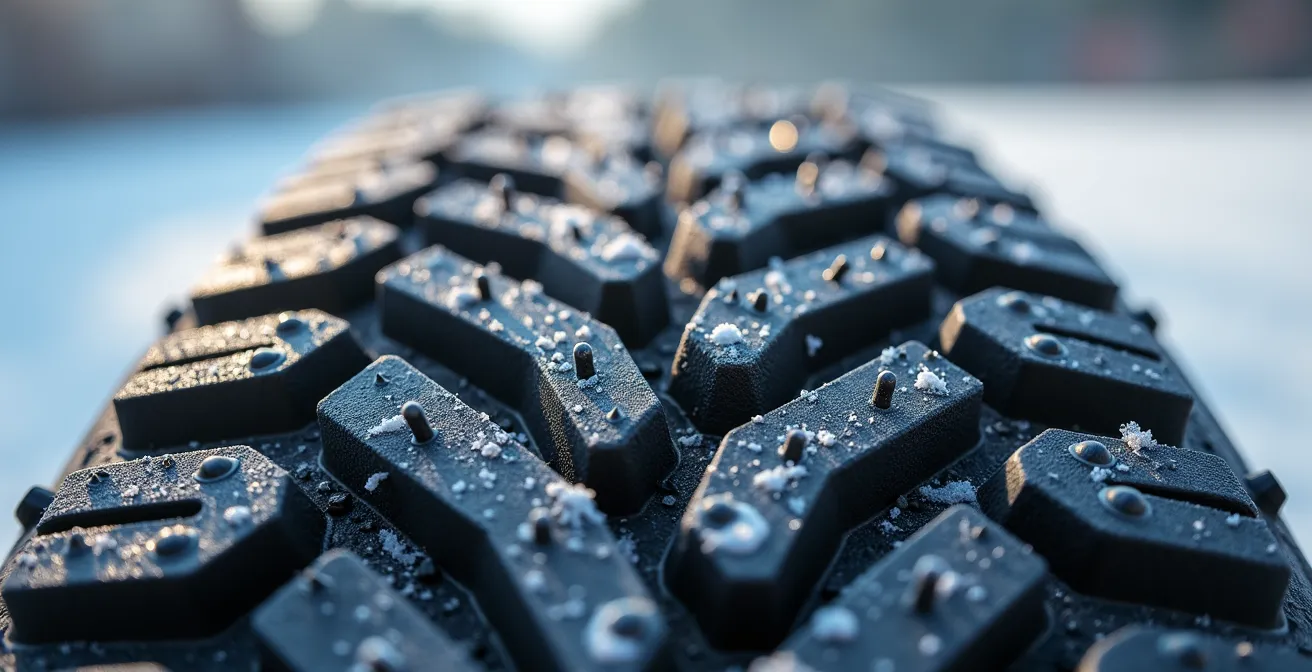 Gros plan macro sur un pneu de karting avec crampons pour surface terre