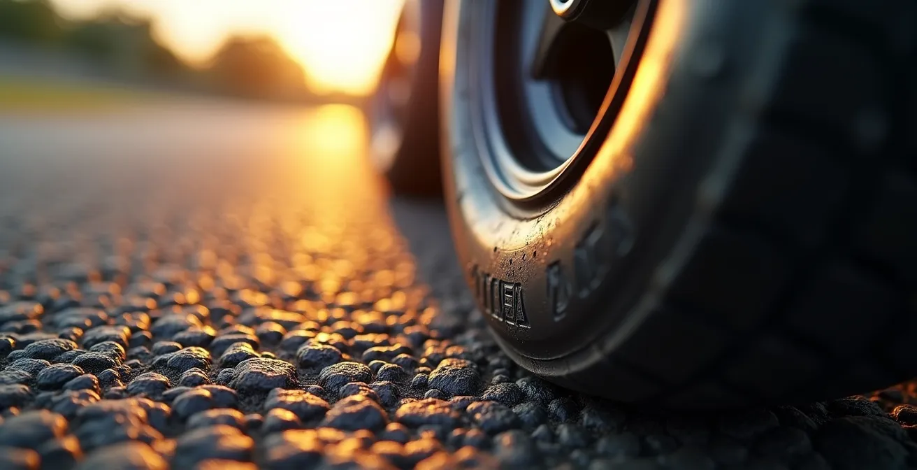 Gros plan sur un pneu de kart en déformation latérale montrant le travail de la gomme