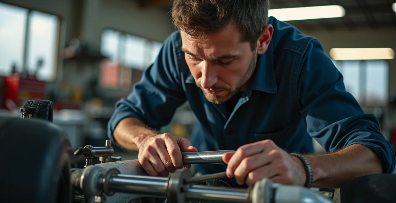 Mécanicien nettoyant minutieusement un châssis de karting dans un atelier