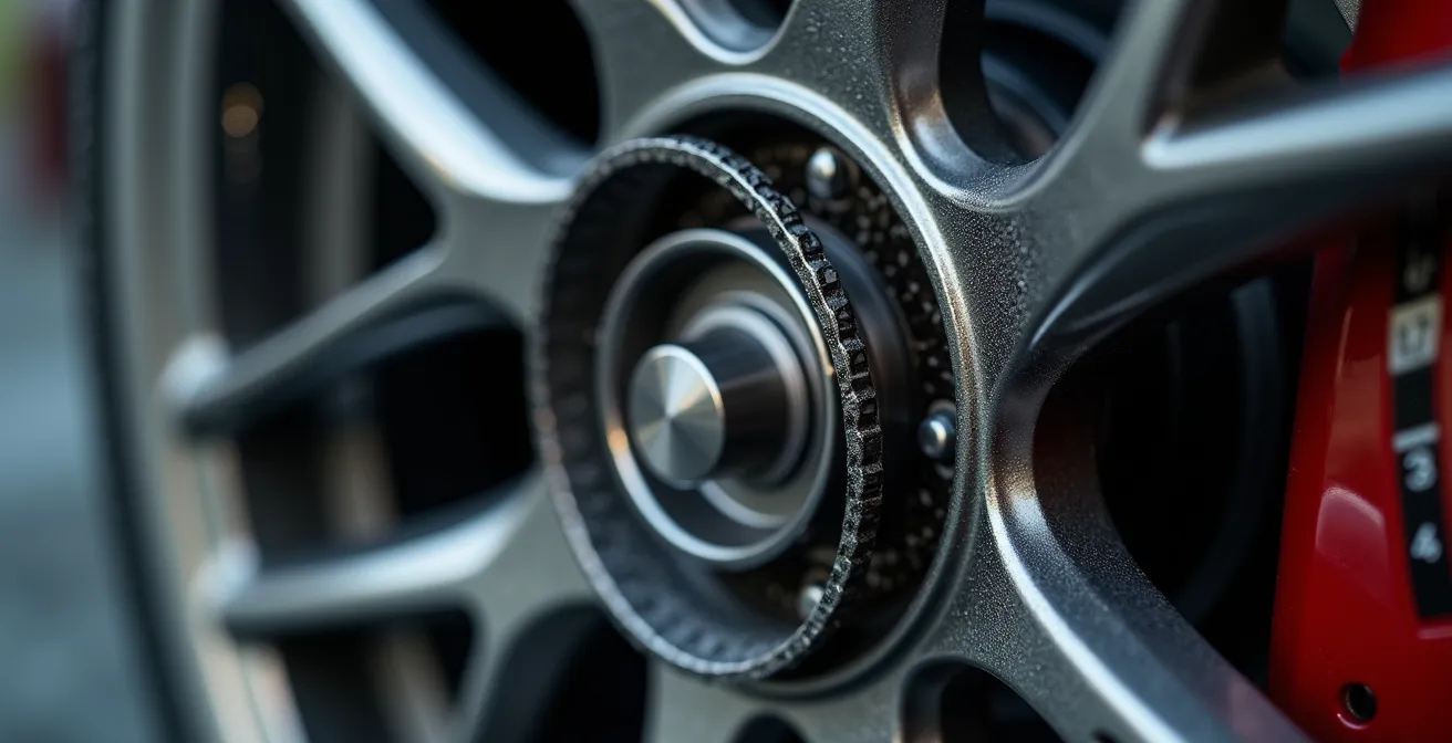 Gros plan technique sur système de freinage et suspension voiture de course