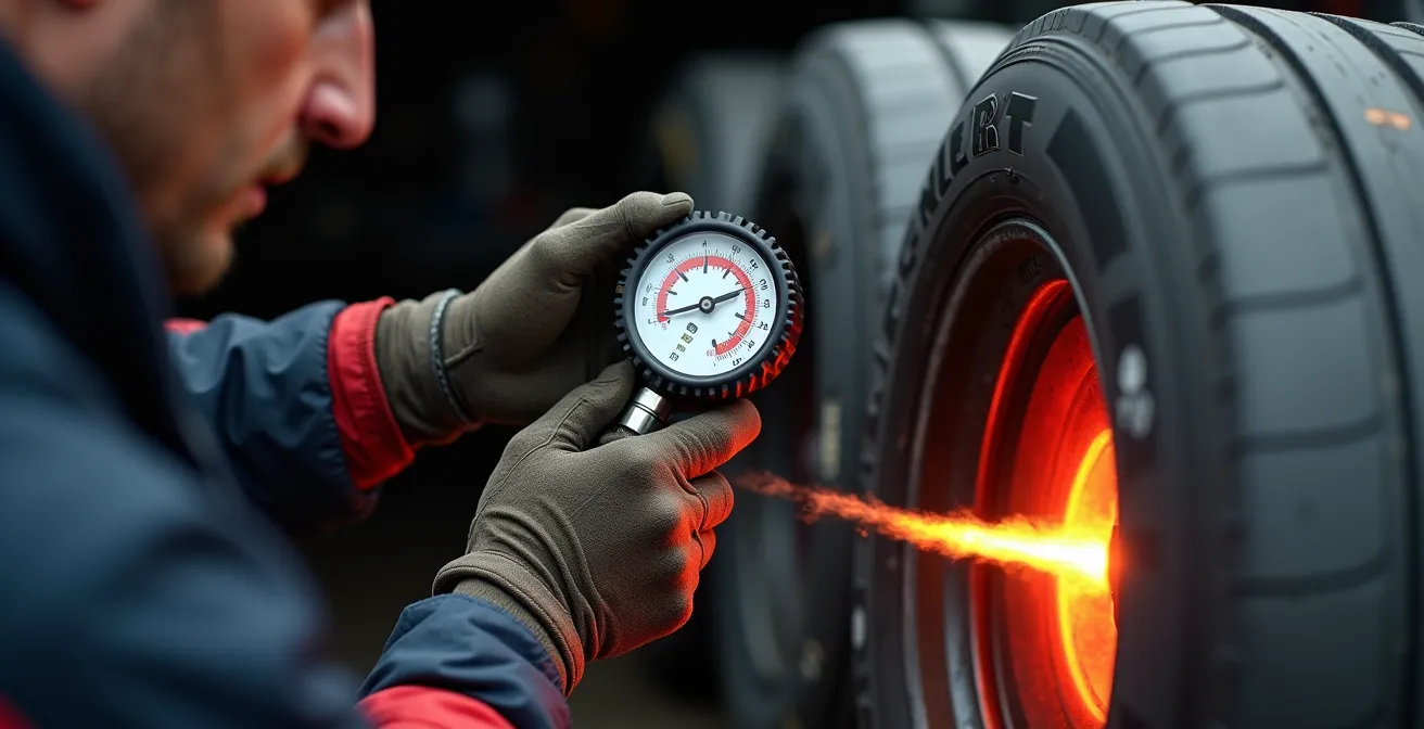 Mécanicien mesurant la pression d'un pneu fumant juste après un tour de circuit