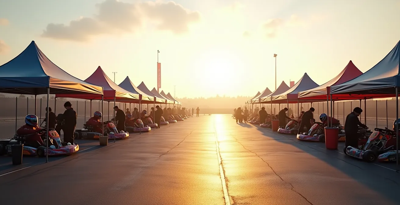 Vue grand angle d'un paddock de karting avec équipes préparant leurs karts sous des barnums