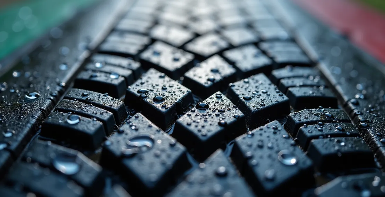 Détail macro de pneu pluie sur asphalte mouillé avec gouttelettes d'eau