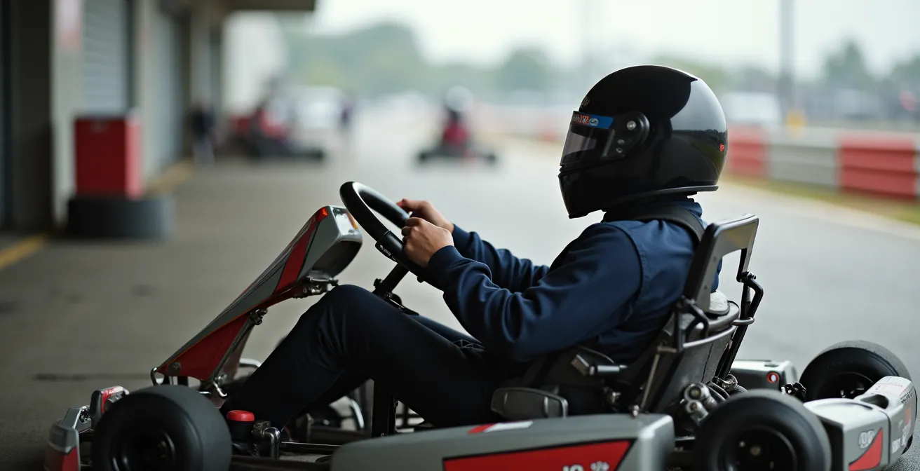 Pilote assis dans son baquet effectuant les réglages de sa protection costale, vue de trois quarts arrière