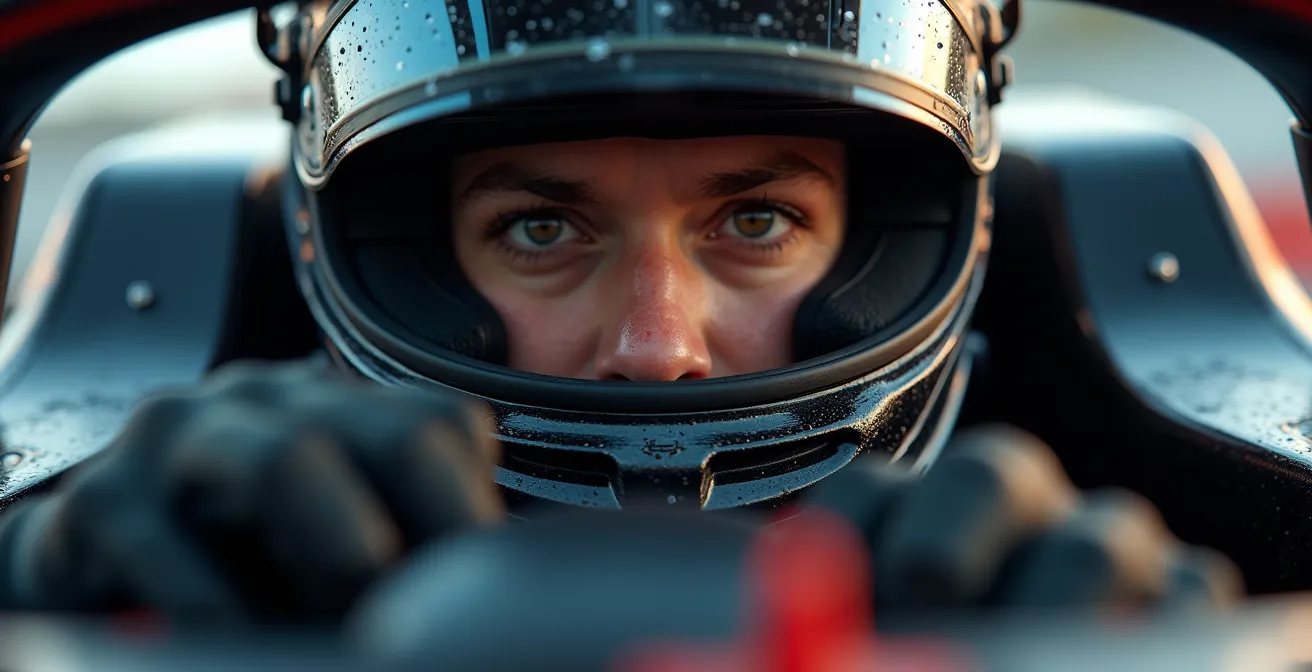 Pilote de Formule 1 en pleine concentration dans son cockpit pendant un arrêt drapeau rouge