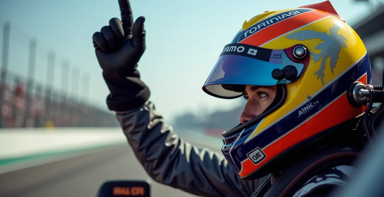 Pilote de Formule 1 dans son cockpit levant le bras pour signaler un ralentissement