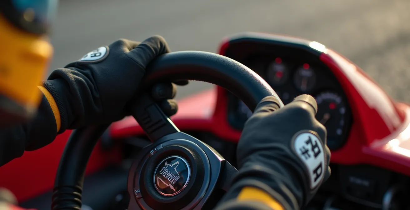 Gros plan sur les mains d'un pilote effectuant un contre-braquage précis au volant d'un kart