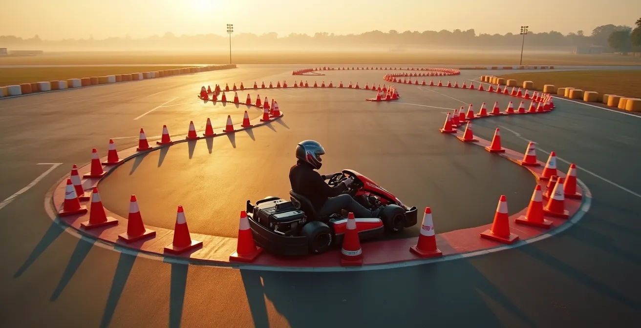 Pilote de karting effectuant un slalom lent sur circuit avec cônes orange pour développer sa proprioception