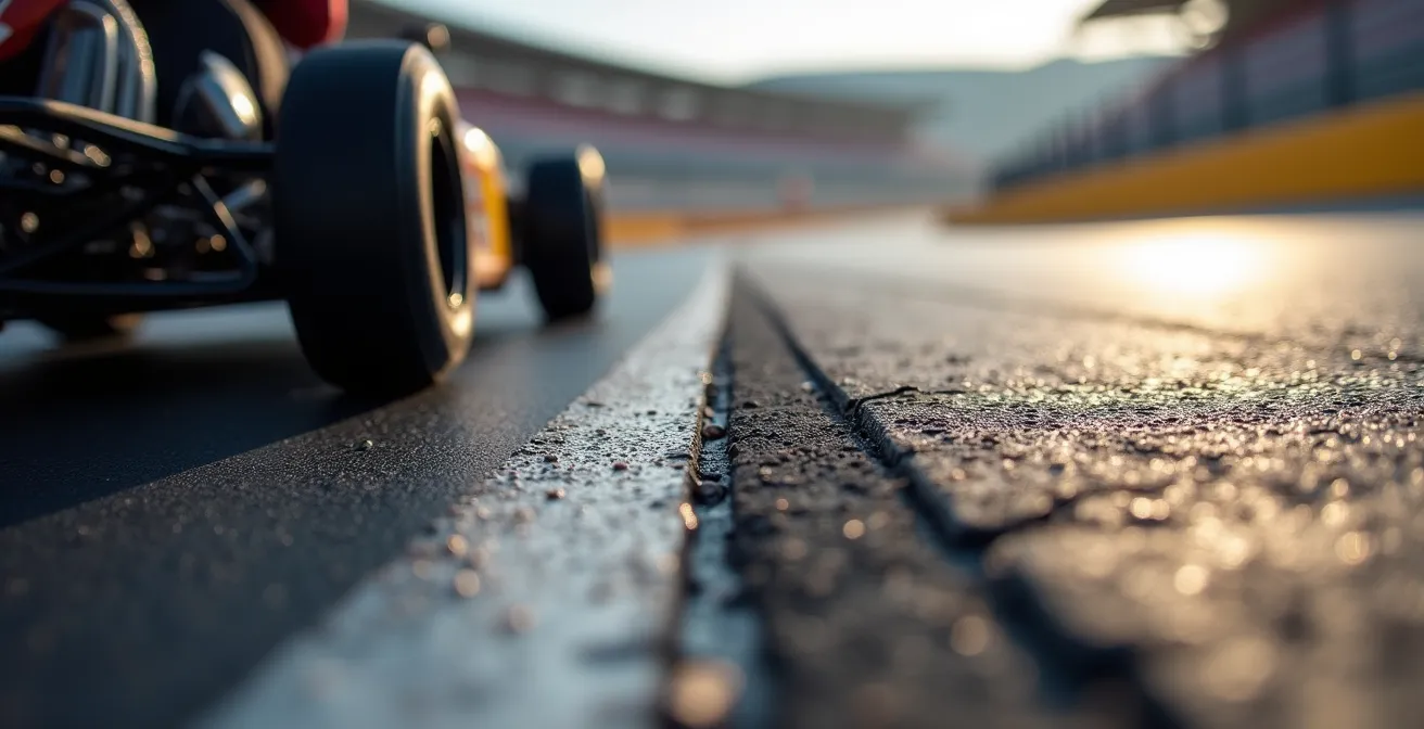 Vue latérale d'un kart en pleine courbe avec trajectoire fluide visible sur l'asphalte
