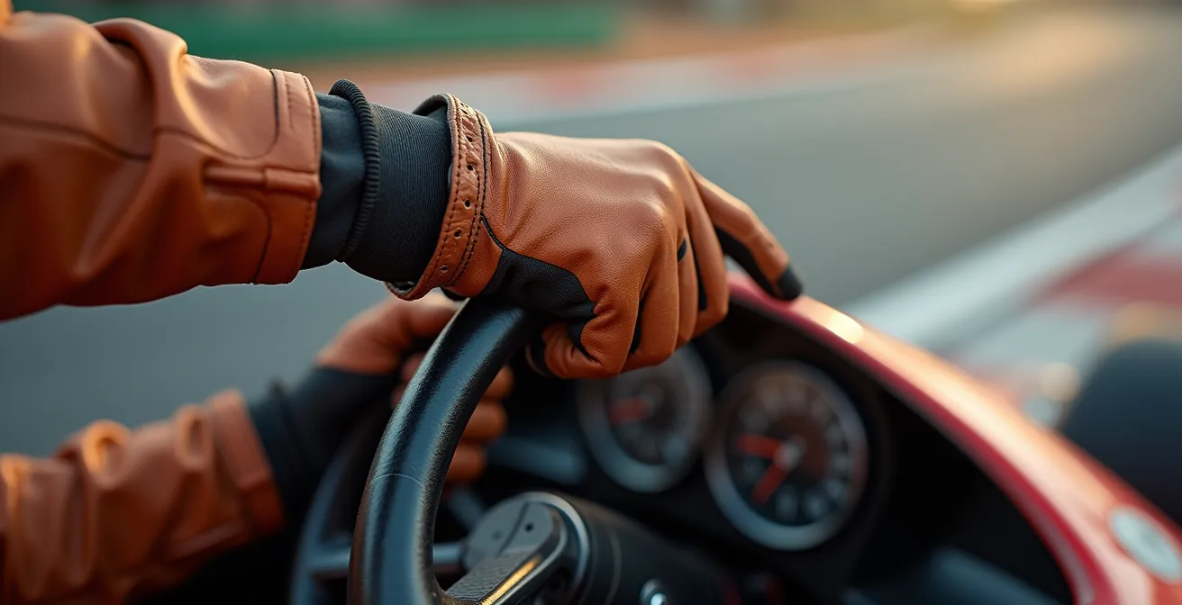 Gros plan sur les mains détendues d'un pilote sur le volant en ligne droite