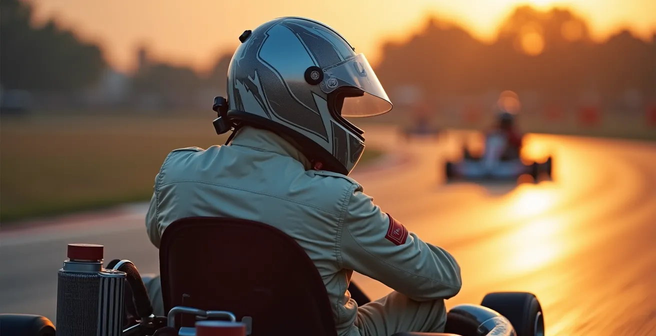 Pilote de karting en position de conduite attentive lors du tour de reconnaissance