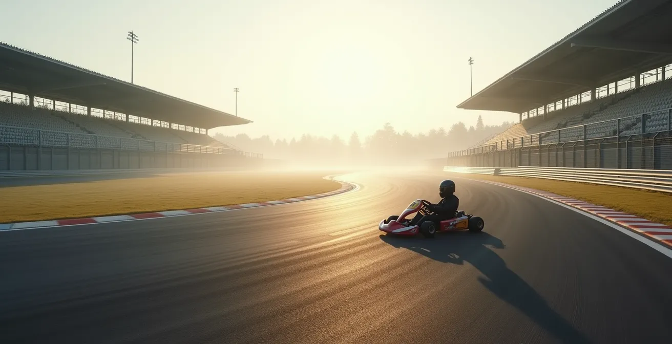 Pilote de karting concentré lors du tour de chauffe, position de conduite attentive dans un environnement de piste
